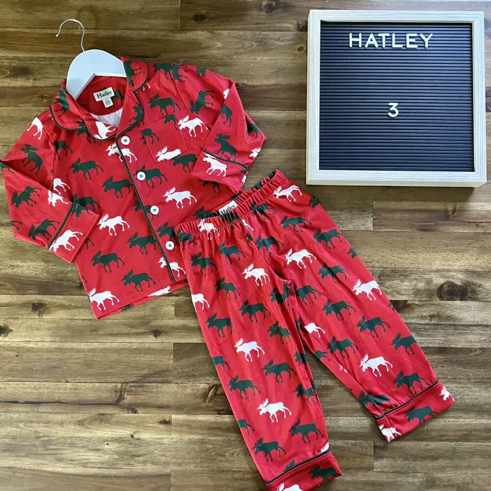 Hatley Holiday Button Down Red Green Moose Long Sleeve Pants Pajama Set 3